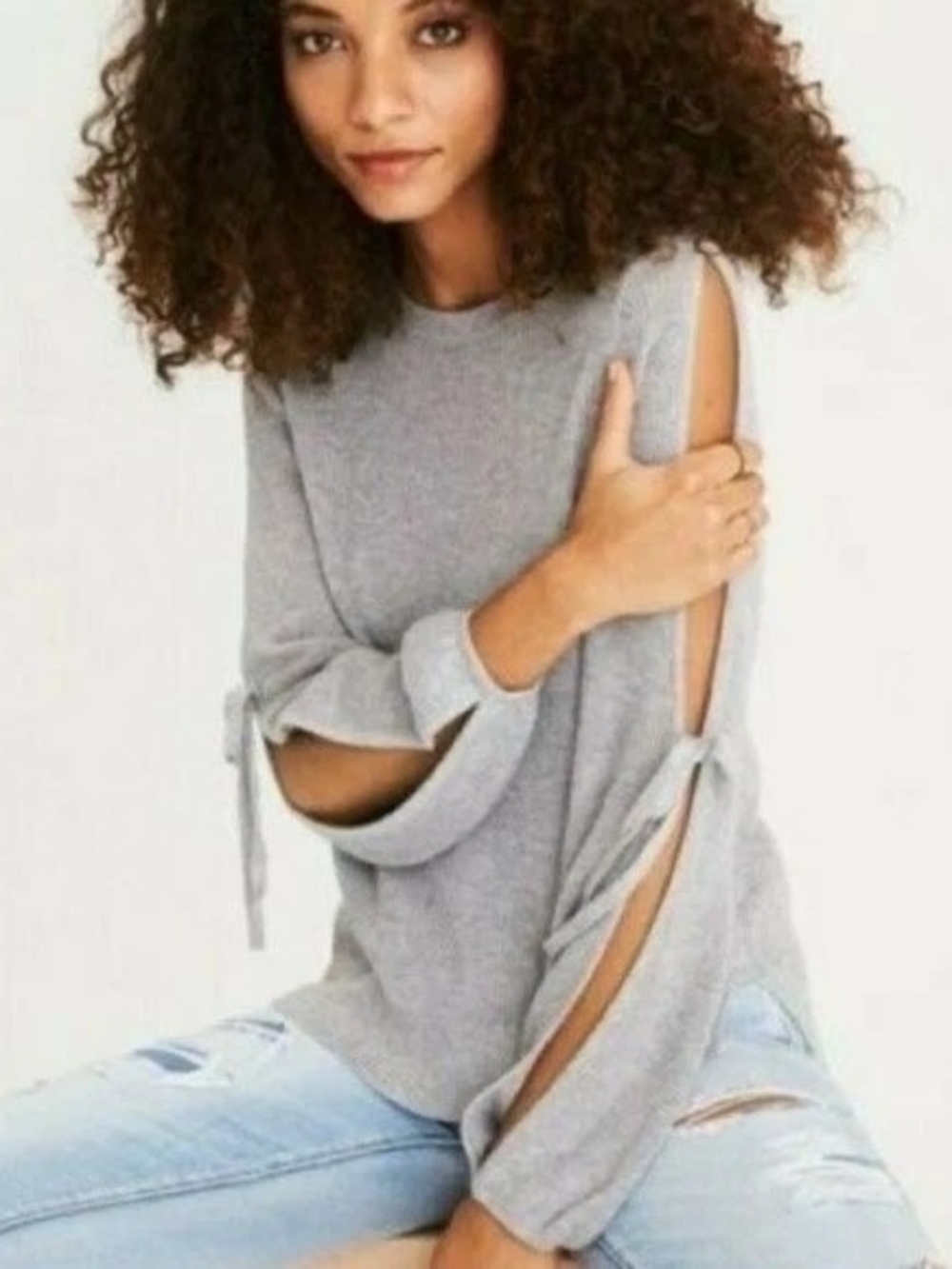 American Eagle Cold Shoulder Tie Sleeve Gray Ribbed Knit Sweater XS Fall Winter